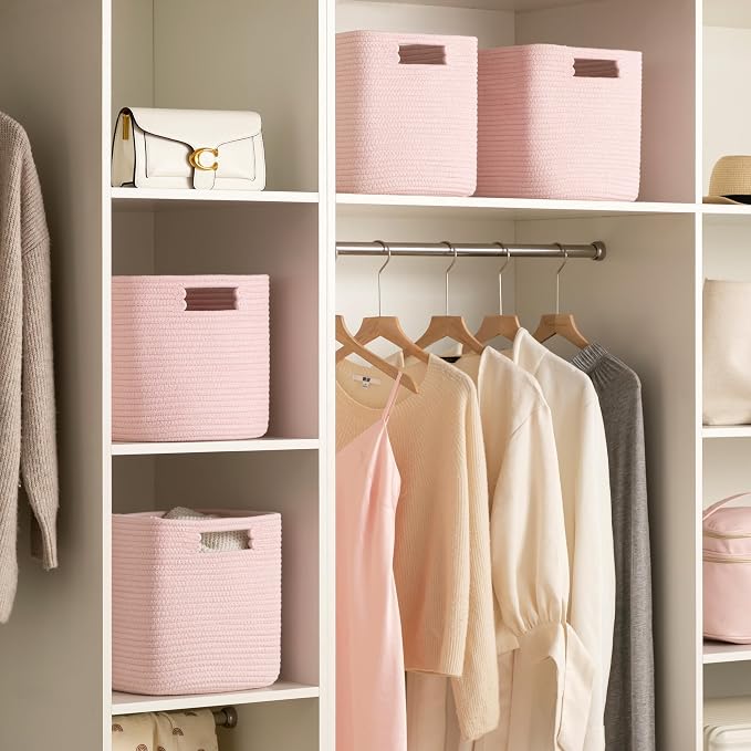 Dreamcountry 13x13 Cube Storage Bins, Storage Cubes with Handles, 4 Pack Cotton Rope Basket for Shelves, Cube Storage Organizer forToys, Book, Clothes, Home, Office, Nursery, Pink - Image 6
