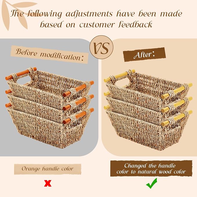 Marsui 12 Pcs Small Hand Woven Wicker Baskets with Wooden Handles, Seagrass Rattan Storage Baskets Bin Organizer Shelf Pantry for Bathroom Storage Towel Kitchen Washroom Gifts Decor, 9" x 6" x 4" - Image 2