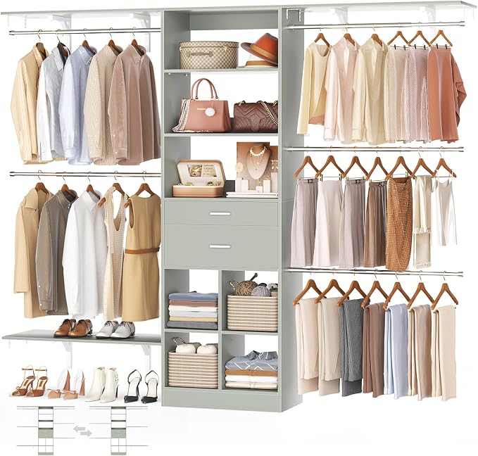 Besiost Closet System - 8FT Closet Organizer System with Wooden Drawers, 96" Closet Systems for Walk-In Closets with Cuttable Hanging Shelving, Green by Besiost