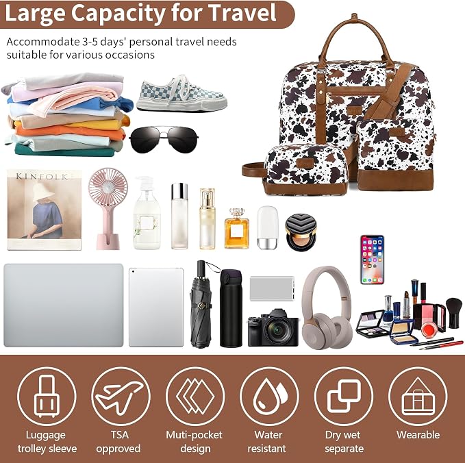 3PCS Weekender Bags for Women Large Overnight Bag, Brown Cow | Weekender Travel Duffel Bags Carry on Shoulder with Shoe Compartment Toiletry Bag Satchel Bag for Travelling Business Gym - Image 3