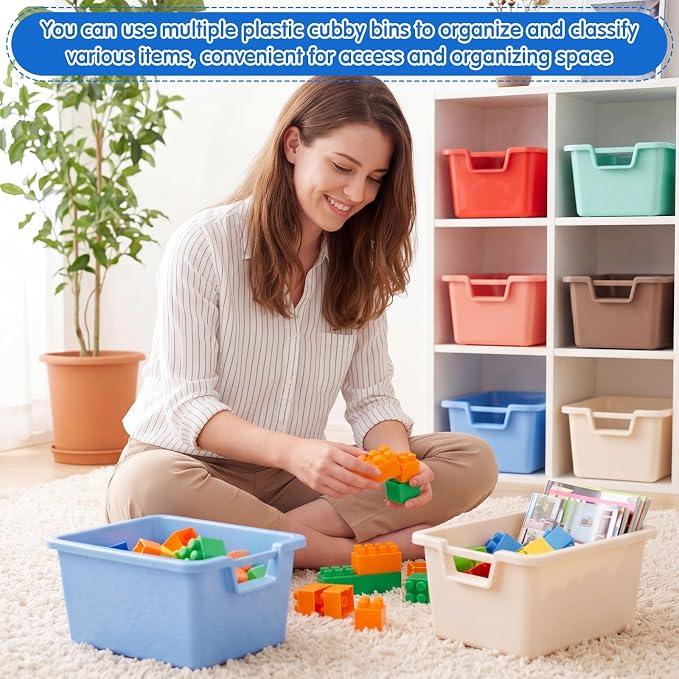 Thyle 12 Pieces Plastic Cubby Bins with Labels Classroom Book Bins Stackable Storage Container Durable Toy Storage Organizer Baskets for School Classroom Office (Handle,Morandi Color2) - Image 5