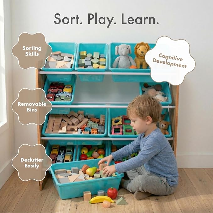 Humble Crew Kids Toy Organizer with 12 Bins, 4 Tier Storage for Playroom | Sturdy wood and steel toddler shelf, removable BPA-free containers, wall anchor anti-tip safety kit for bedroom or classroom - Image 5