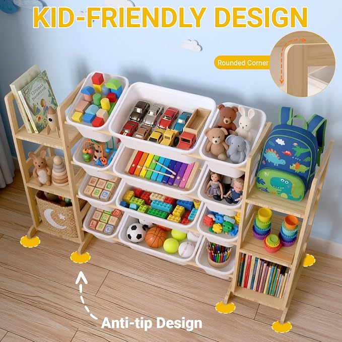 Toy Storage Organizer with Bookshelf for Kids, Large Wooden Shelf with 12 Storage Bins & 6 Shelves, Toy Box Organization for Kids Rooms, Playroom, Nursery and Living Room - Image 4
