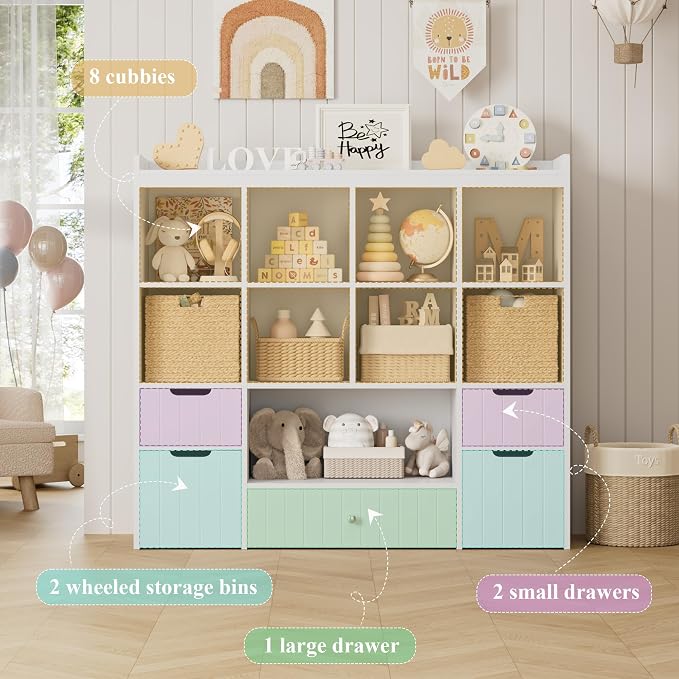 HORSTORS 48" W Kids Toy Storage Organizer, Kids Bookshelf w/Storage, White | 2 Mobile Toy Boxes & 3 Drawers, Toy Storage Chest with Open Cubbies for Boys and Girls, Kids Bookcase for Playroom, Classroom - Image 7
