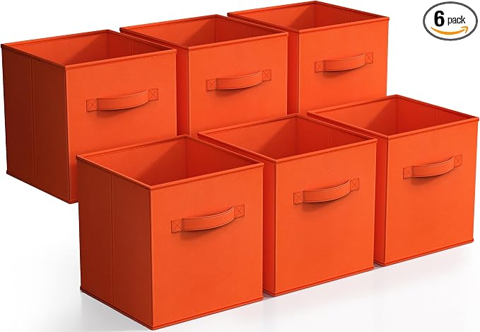 Sorbus Foldable Storage Cubes - 6 Fabric Baskets for Organizing Pantry, Shelf, Toy Box, Cubby, Closet - 11 Inch Collapsible Closet Organizers and Storage Bins with Handle (Orange) by Sorbus
