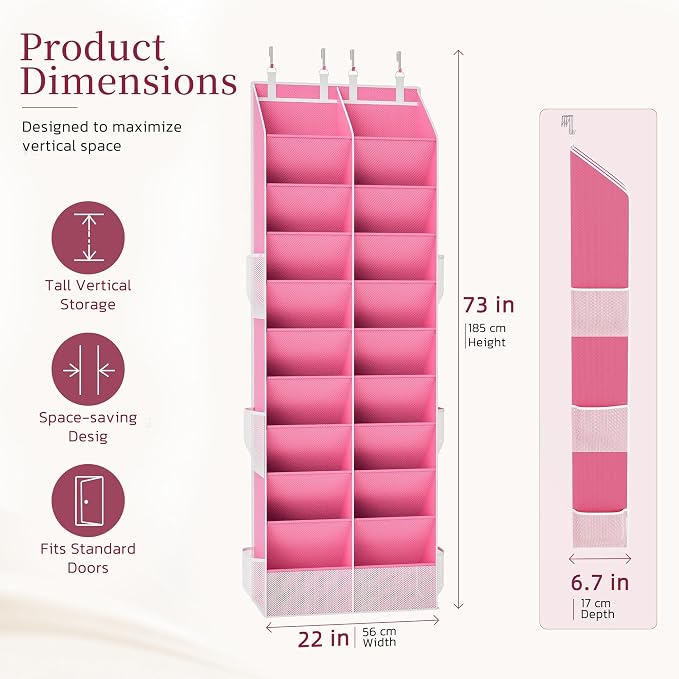 Over the Door Shoe Organizer, 20-30 Pairs Heavy-Duty Hanging Shoe Storage with Large Pockets, 10-Tier Door Shoe Rack with 4 Hooks for Sneakers Sandals Heels Boots (Pink) - Image 3