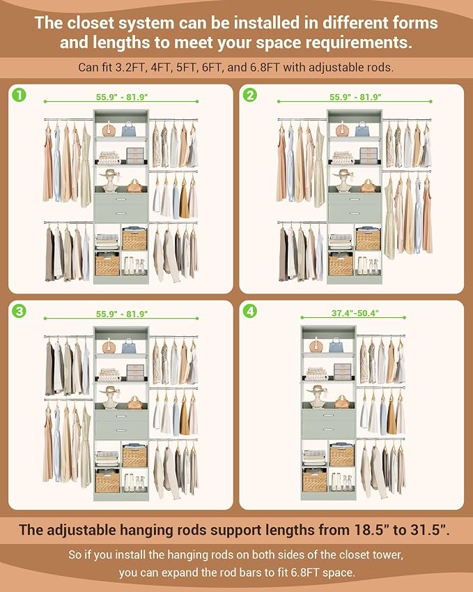 Small Closet System, 3.2-6.8FT Small Closet Organizer with 2 Wooden Drawers & 5 Hanging Rods, Can Fit 37.5 to 81.9 inch Walk-in Closet System, Built-in, Crab Green, Enclosed Storage Volume 2.32 ft³ - Image 4