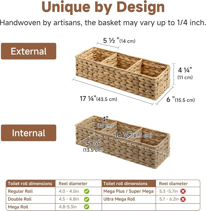 StorageWorks Toilet Paper Basket, Large Toilet Tank Basket, Water Hyacinth | Wicker Basket, Toilet Paper Storage for Back of Toilet Tank, Woven Baskets for Shelves, Wicker Baskets with 3 Compartments - Image 2