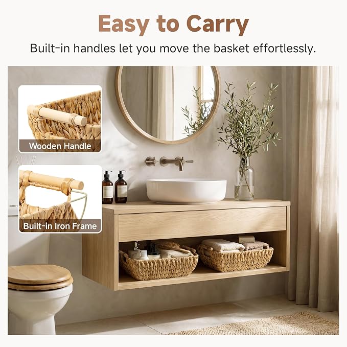 StorageWorks Hand-Woven Storage Baskets with Wooden Handles, Water Hyacinth Wicker Baskets for Organizing, 2 Pack | Wicker Storage Baskets for Shelves, Baskets with Wooden Handles, 2-Pack Gifts Basket for Home Decor, Hand-Woven Basket - Image 4