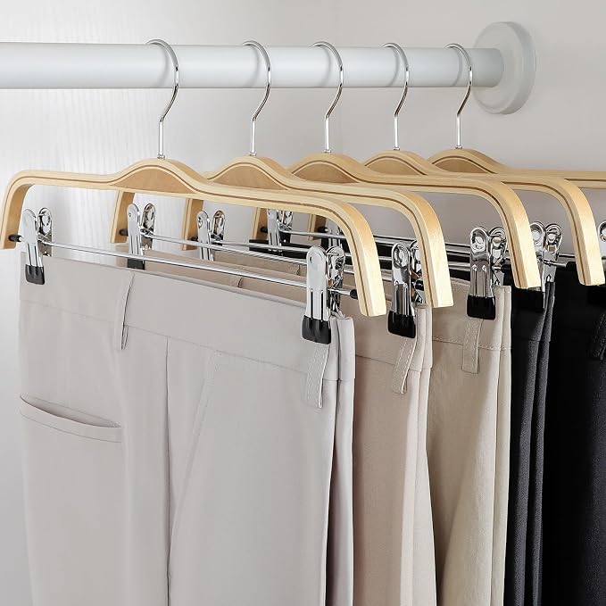 TOPIA HANGER Wooden Pants Hangers,Slim Natural Wood Skirt Hangers with Anti-Rust Hook and Adjustable Metal Clips, Perfect for Skirts, Pants, Slacks-20 Pack-CT17N20 - Image 2