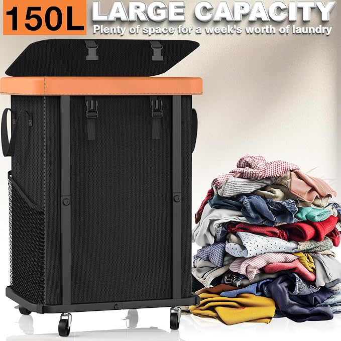 Laundry Hamper with Wheels,150L Leather Patchwork Clothes Hamper Black | Rolling Laundry Basket with Sturdy Metal Frame, Removable Washable Bag,Tall Clothes Sorter for Bedroom, Laundry Room, Dorm - Image 3