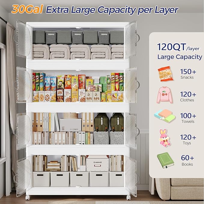 300QT Extra Large Stackable Storage Bins with Lid, 75Gal Plastic Closet Organizers and Storage Drawer, Collapsible Cabinet Box with Wheels Clear Doors for Home Kitchen Garage, 5Pack White - Image 3