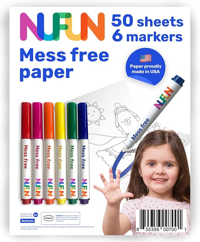 NuFun Activities Mess Free Markers 50 Blank Pages 6 Markers 8.5x11 | Mess-Free Coloring Formula, No Mess on Skin/Clothes, Gift for Kids by NufunActivitesDesignPrintIronEnjoy