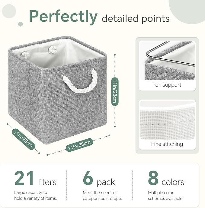 FinishingBo 11 inch Cube Storage Bin with Handles 6 Pack | Foldable Basket, Fabric Storage Bins, Closet Storage, Home Organizer (Gray) - Image 4