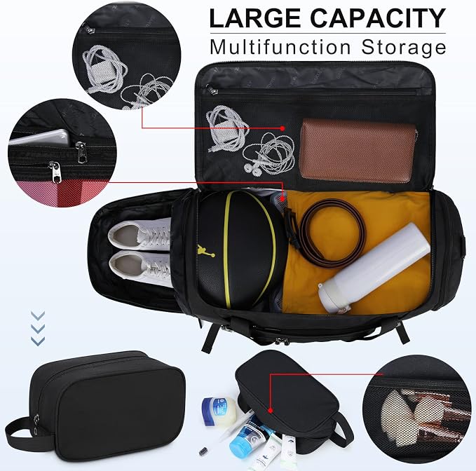 Gym Duffle Bag for Women Men 55L Waterproof Sports Bags Travel Duffel Bags with Shoe Compartment,Wet Pocket Large Weekender Overnight Bag with Toiletry Bag,Black - Image 3