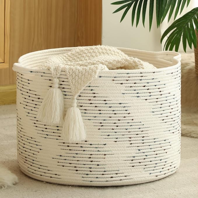 KAKAMAY Large Cotton Rope Blanket Basket (20"x13"),Woven Baby Laundry Hamper，Blanket Basket for Nursery, Laundry, Living Room, Pillows, Toys Dotted Pattern（White） - Image 3