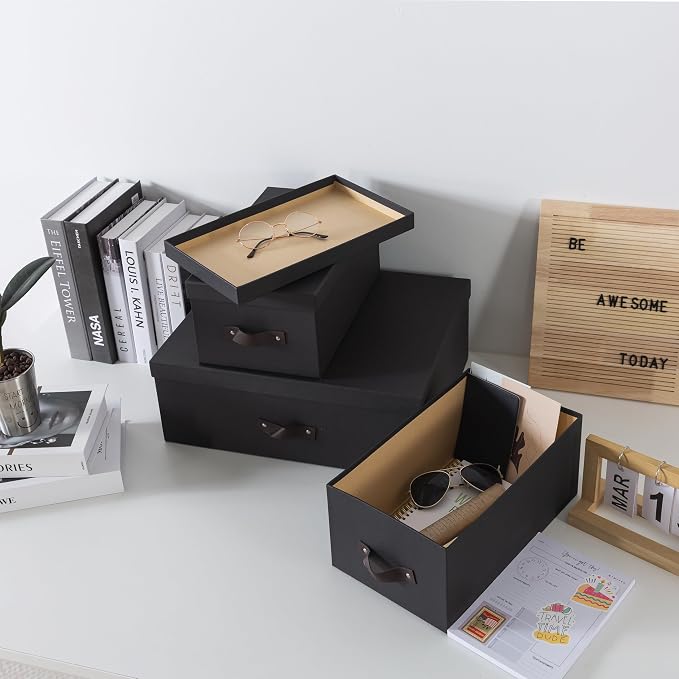 Soul & Lane - Decorative Storage Boxes with Handles, Set of 3, Dark Gray | Sturdy Cardboard Photo Organizers with Lids for Office and Home, Grey Nesting Storage Containers for Documents and Decor - Image 6