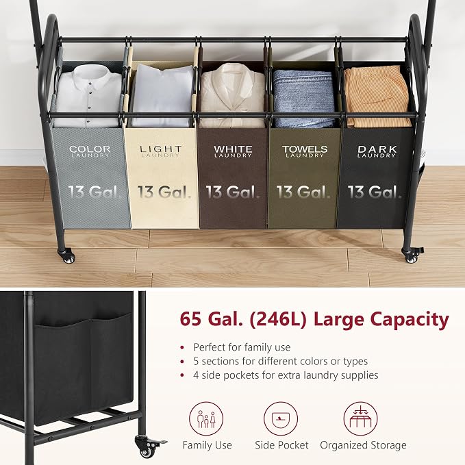 Laundry Sorter Cart with Hanging Rack, 5 Section, 5 Colors | 246L Rolling Laundry Hamper with Lockable Wheels and Removable Bag, Laundry Basket Organizer for Bathroom, Laundry Room - Image 4