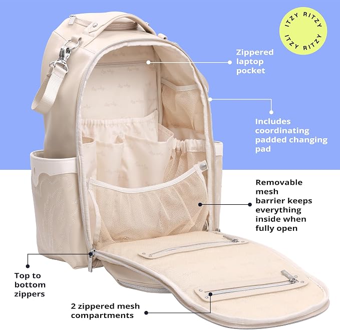 Itzy Ritzy Boss Plus Large Diaper Bag Backpack with 19 Pockets (Oat) | Includes 2 Insulated Bottle Pockets, Changing Pad, Stroller Clips, Comfortable Padded Straps, Easy-to Clean, Travel-Ready - Image 3