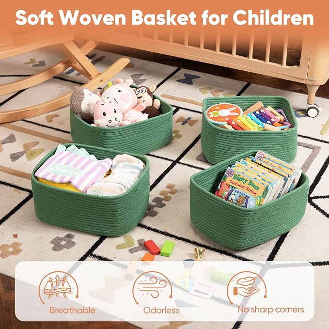 OIAHOMY 4 Pack 14.17 * 11.02 * 6.3IN Storage Baskets for Organizing Shelves, Woven Rope Baskets for Organizing Books, Clothes, Decorative Basket for Living Room, Nursery, Bedroom, Gift Basket, Green - Image 4