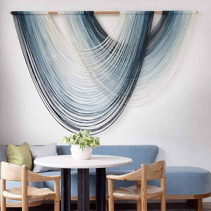 Macrame Wall Hanging Large handmade Navy Blue Ombre Fiber Art 57"W*39"L | Handwoven Wall Hanging, Navy Blue Ombre Design, Macrame Fiber Art, for Living Room Bedroom - Image 4
