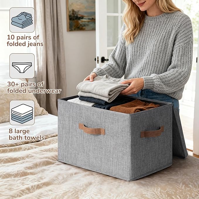 CHICVITA 4-Pack Large Fabric Storage Bins with Lids for Closet,Grey | 17.1" x 11.2" x 11.6" Storage Boxes for Shelves with Support Plate Fit Bedroom Storage Cubes with Handles for Clothes & Toys - Image 5