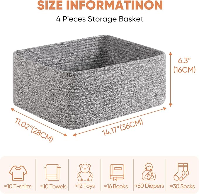 OIAHOMY 4 Pack 14.17 * 11.02 * 6.3IN Storage Baskets for Organizing Shelves, Woven Rope Baskets for Organizing Books, Clothes, Decorative Basket for Living Room, Nursery, Bedroom, Gift Basket, Grey - Image 2