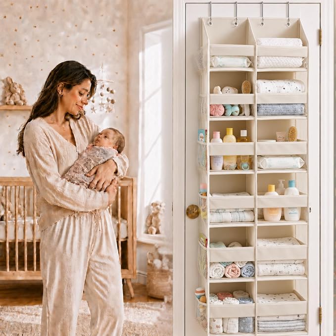 Over the Door Organizer, 6-Tier XL, 100D Fabric, Ivory | Extra wide over the door organizer, 65 lb capacity, 12 side mesh pockets, heavy-duty 100D fabric, bedroom & nursery storage - Image 8