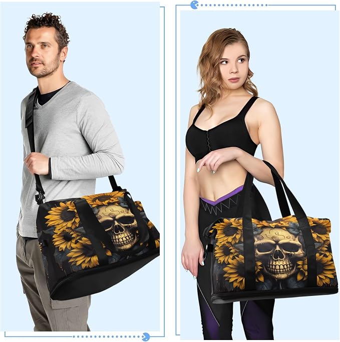 Travel Duffel Tote Bag Skull and Sunflower Sports Duffel Bag with Wet Pocket Weekender Overnight Bag for Women Men Gym Bag, Carry On Bag Hospital Bag for Labor and Delivery - Image 4
