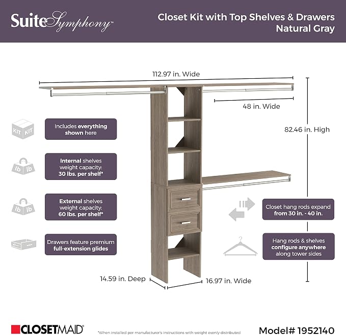 ClosetMaid SuiteSymphony Closet Organizer with Shelves and 2 Drawers, 16-Inch-Natural Gray - Image 3