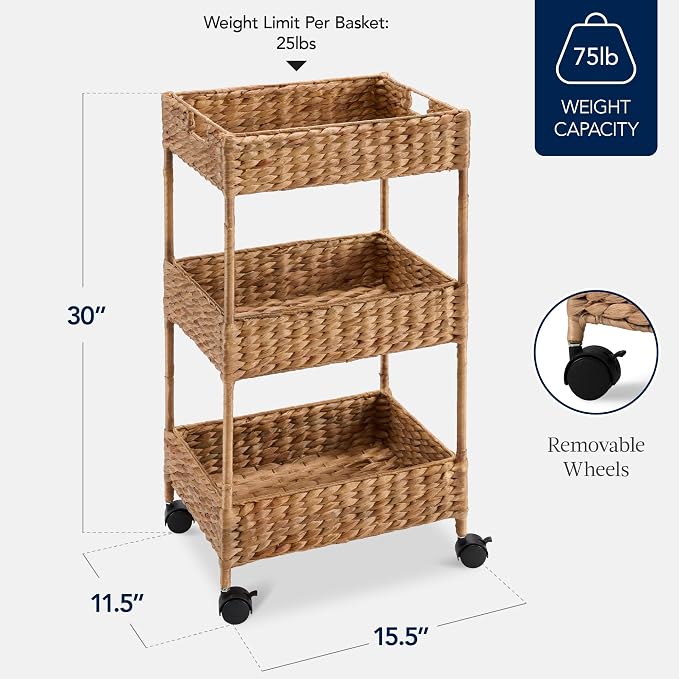 Best Choice Products 3-Tier Water Hyacinth Rolling Nursery Caddy w/Wheels, Utility Cart, Storage Organization for Bathroom, Craft Room, Laundry Room - Chestnut - Image 2