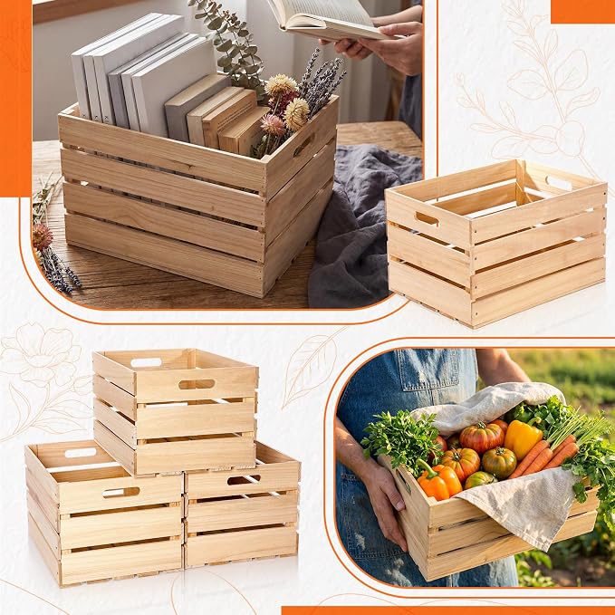 Weysat 3 Pack Large Wood Crates Box for Storage 12 x 10 x 8 Inch Unassembled Wooden Milk Crates with Handle Decorative Nesting Box for Display Rustic Decor DIY Office Home Retail Art Craft (Wood) - Image 3