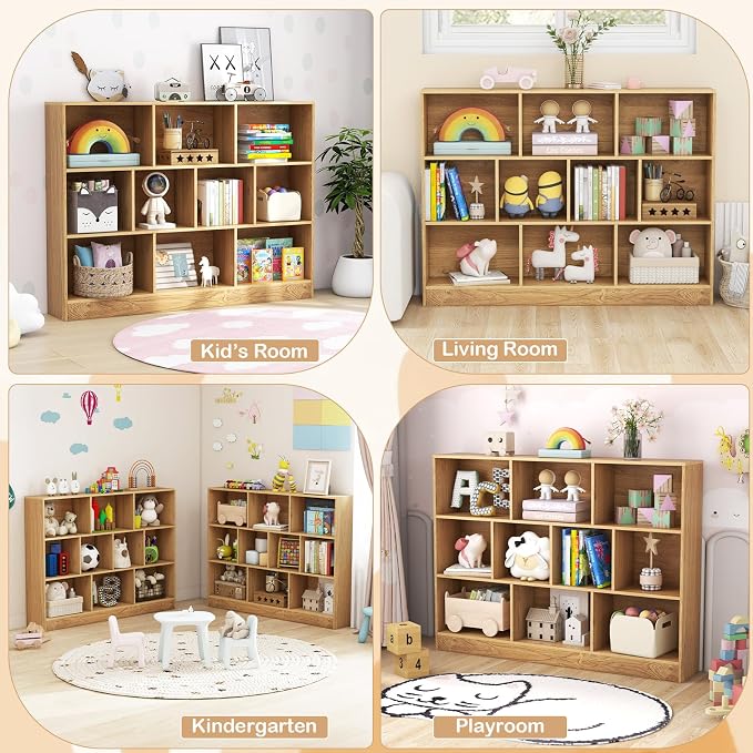 HONEY JOY Kids Toy Storage Organizer, 10-Section Wooden Floor Storage Cabinet, 41” Daycare Toy Chest, 3-Tier Kids Display Bookshelf for Classroom, Playroom & Nursery, Kindergarten (Natural) - Image 7