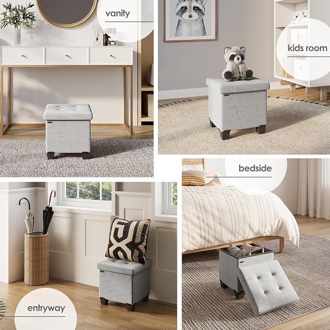 Storage Ottoman Cube with Small Bin, 15-in Square Ottoman with Storage for Living Room and Bedroom, Small Ottomans Foot Rest, Velvet Foot Stools Ottomans Max 330lbs, Light Grey - Image 4
