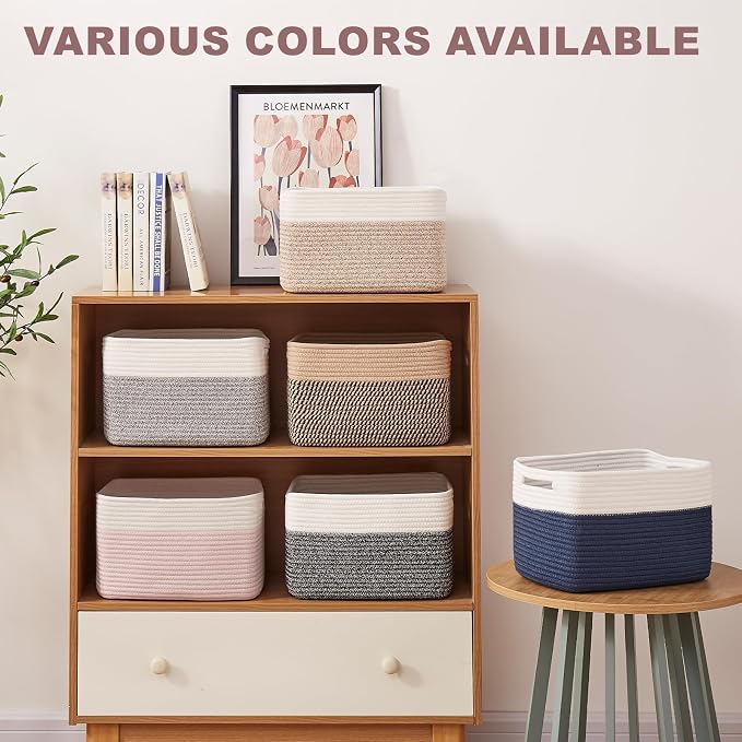 OIAHOMY 4 Pack Storage Basket, 13"x9"x7.8" Cotton Rope Baskets for Shelves, Closet Organizer for Bedroom & Living Room, Soft Decorative Bins for Organizing Towels, Books & Toys, Blue & White - Image 6