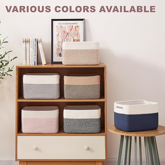 OIAHOMY 4 Pack Storage Basket, 13"x9"x7.8" Cotton Rope Baskets for Shelves, Closet Organizer for Bedroom & Living Room, Soft Decorative Bins for Organizing Towels, Books & Toys, Blue & White - Image 6