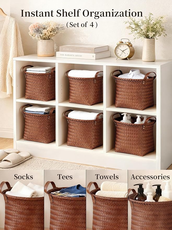 Wicker Storage Baskets, 4 Pack Woven Baskets for Shelves, Brown | PP Rattan, Water-resistant Wicker Basket, Large Baskets with Faux Leather Handles for Blanket, Laundry Organizer, Room Decor - Image 3
