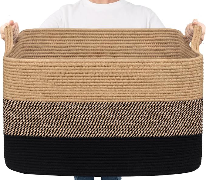 Goodpick 85L Large Woven Blanket Basket, Rectangle, Black Jute | 23.6'' x 15.7'' x 13.8'' Wicker Storage Basket for Blankets, Pillows & Toys, Living Room, Bedroom & Nursery Organization by Goodpick