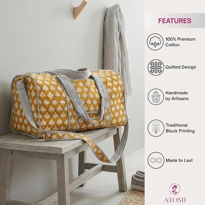 ATOSII Handblock Print 100% Cotton Large Quilted Duffle Bag for Overnight Trip, Travel Weekend Bag, Luggage, 2 Pockets with Zipper, 1 Front Pocket, Detachable Long Strap, 20 X 10 X 12 Inches, Flax - Image 4