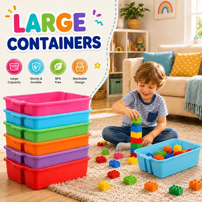 6 Pack Plastic Book Bins Stackable Classroom Cubby Organizer, Rainbow | Scoop Front Storage Bins, Cubby Bins with Handles for School Library Office Home Nursery Playroom Organization - Image 5
