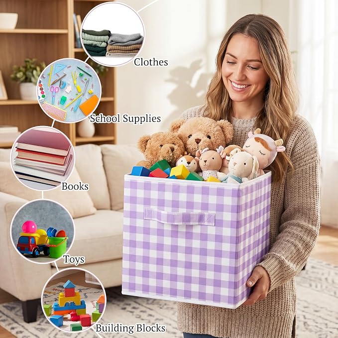 Yalikop 6 Pcs Colorful Gingham Cube Storage Bins, 11 Inch Fabric Checkered Classroom Storage Bins Organizer with Handle Preppy Collapsible Cubby Basket for Classroom Home Nursery Playroom Bedroom - Image 7
