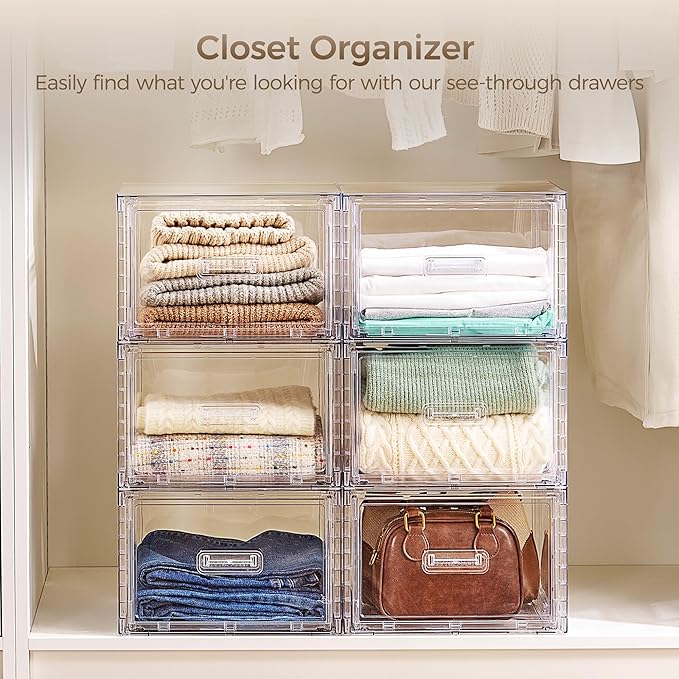 Vtopmart 4 Pack Clear Stackable Closet Storage Drawers 15QT, Medium | Easily Assemble Closet Organizers,Plastic Storage Bins for Bathroom,Cabinet,Kitchen Pantry,Under Sink Organization - Image 5