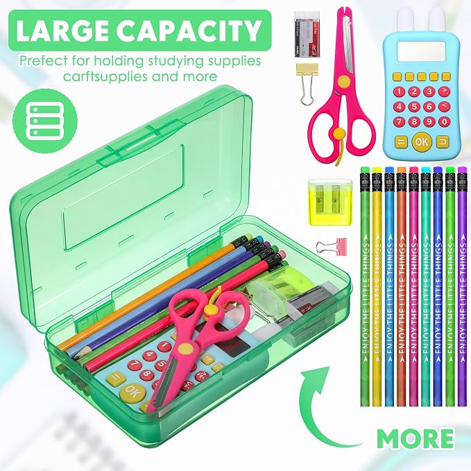 Fainne 24 Pack Clear Plastic Pencil Box,Green | Stackable Organizer for School Supplies, Large Case for Crayons Markers, Snap-lid Keeps Stationery Secure, Bulk Set - Image 3