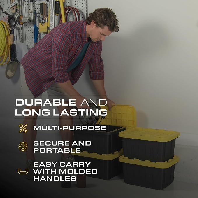 BLACK & YELLOW 5-Gallon Stackable Plastic Storage Bins with Lids, 4 Pack | Small heavy-duty storage totes for garage, closet, classroom & home organization, 8.6H x 12.3W x 16.4D, Black & Yellow, - Image 7