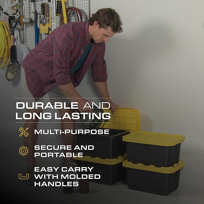 BLACK & YELLOW 5-Gallon Stackable Plastic Storage Bins with Lids, 6 Pack | Small heavy-duty storage totes for garage, closet, classroom & home organization, 8.6H x 12.3W x 16.4D, Black & Yellow - Image 6