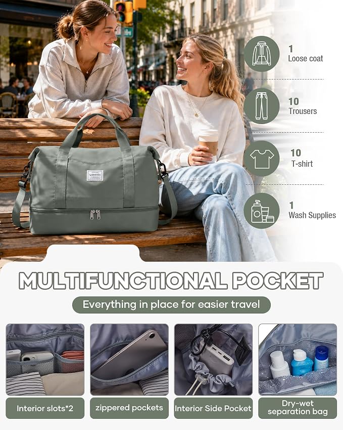 Travel Duffel Weekender Bag Women Tote Carry On Bags With Shoe Compartment | Travel Overnight Bags with Trolley Sleeve for Airplanes Waterproof Lightweight Sport Tote Gym with Toiletry Bag Green - Image 5