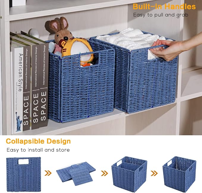 Wicker Basket, Set of 2 Hand-Woven Paper Rope Storage Baskets for Organizing, Foldable Cubby Storage Bins, 9 Inch Small Wicker Storage Basket, Square Baskets Cube Storage Organizer Bins, Blue - Image 3