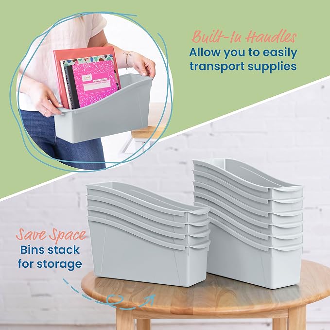 ECR4Kids Linking Plastic Storage Book Bin, Multipurpose Organization, Light Grey, 10-Piece | Durable plastic with built-in handles, interlocking, nestable, ideal for books, magazines, and files in a classroom or office - Image 4