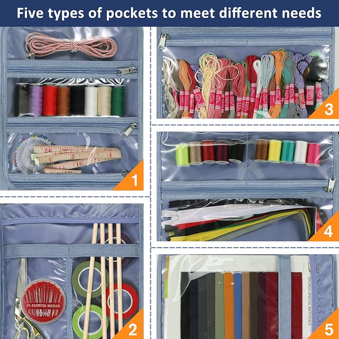 FINPAC Sewing and Craft Supplies Storage Tote Bag with Clear Pockets | Large Art Organizer Caddy Travel Packing Shoulder Bag for Knitting, Sewing Accessories, Blooming Hibiscus - Image 3