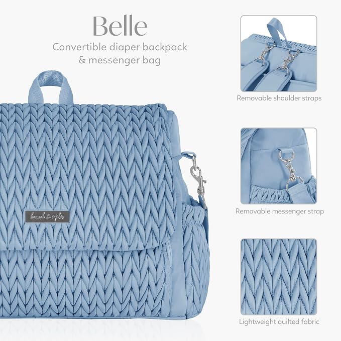 Hannah & Sophia Belle Convertible Baby Diaper Backpack & Bag in Moonmist Blue, Large Size, Dual Sided Water Resistant Changing Mat Included, Detachable Shoulder Straps, Easy To Use | Waterproof Changing Pad, Spacious, Multiple Pockets & Insulated Bottl... - Image 3